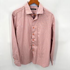 HAMMERMADE Men's Orange Blue Plaid Cotton Button Down  // L